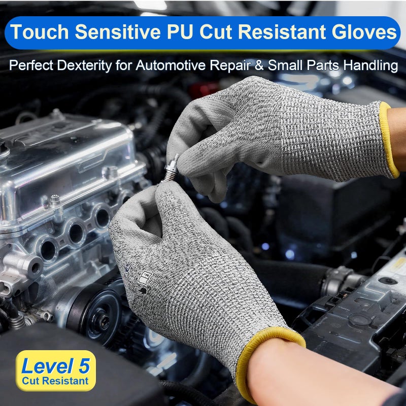 Dowellife Level 5 Cut Resistant Work Gloves for Men and Women, PU Coated Breathable Gardening Gloves, Thin Flexible and Firm Grip for Mechanics and Fishing (Large, Grey) - Image 2